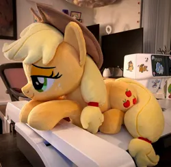 Size: 2048x2000 | Tagged: safe, artist:buttercupbabyppg, derpibooru import, applejack, earth pony, pony, applejack's hat, cowboy hat, female, hair tie, hat, image, irl, jpeg, lidded eyes, lying down, mare, photo, plushie, prone, solo