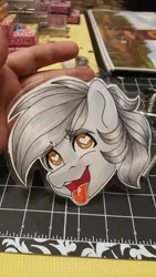 Size: 2988x5312 | Tagged: safe, artist:inkkeystudios, derpibooru import, oc, unofficial characters only, human, pony, ahegao, badge, bust, eyebrows, eyebrows visible through hair, eyes rolling back, heart, heart eyes, image, irl, irl human, jpeg, open mouth, open smile, photo, portrait, smiling, solo, tongue out, traditional art, wingding eyes