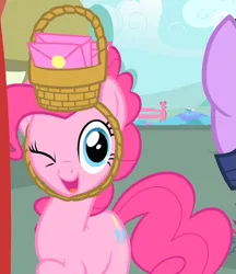 Size: 525x609 | Tagged: safe, derpibooru import, screencap, pinkie pie, twilight sparkle, earth pony, pony, unicorn, party of one, season 1, basket, basket hat, candle, cropped, door, hat, image, offscreen character, one eye closed, png, smiling, solo focus, unicorn twilight, wink