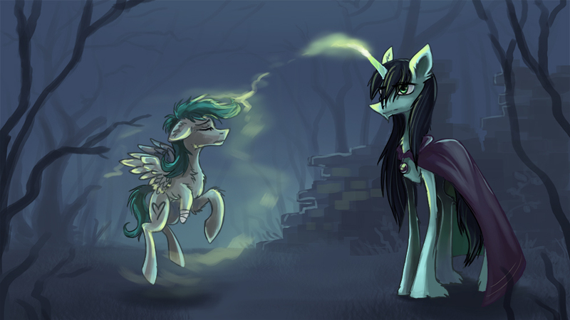 Size: 1000x563 | Tagged: safe, artist:elunian, derpibooru import, oc, oc:dead naily, oc:grim, unofficial characters only, pegasus, undead, unicorn, dramatic, duo, eyes closed, forest, forest background, glow, glowing horn, horn, image, jpeg, necromancer, tree