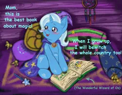 Size: 2898x2245 | Tagged: artist needed, safe, derpibooru import, trixie, pony, unicorn, baby, baby pony, book, child, childhood, dreamcatcher, hat, image, jpeg, magic, magic wand, pillow, text, the wizard of oz, wizard, wizard hat, wizard robe