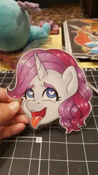 Size: 2988x5312 | Tagged: safe, artist:inkkeystudios, derpibooru import, oc, unofficial characters only, human, pony, unicorn, ahegao, badge, bust, eyes rolling back, heart, heart eyes, image, irl, irl human, jpeg, open mouth, open smile, photo, portrait, smiling, solo, tongue out, traditional art, wingding eyes