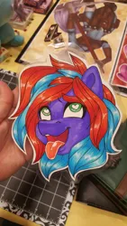 Size: 2988x5312 | Tagged: safe, artist:inkkeystudios, derpibooru import, oc, unofficial characters only, pony, ahegao, badge, bust, eyebrows, eyebrows visible through hair, eyes rolling back, heart, heart eyes, image, jpeg, open mouth, open smile, photo, portrait, smiling, solo, tongue out, traditional art, wingding eyes