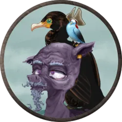Size: 256x256 | Tagged: safe, artist:saby, derpibooru import, oc, oc:triple-peg, unofficial characters only, bird, pony, bags under eyes, bald, beard, budgie, bust, cataracts, character token, cormorant, derpibooru exclusive, ear piercing, earring, facial hair, floppy ears, hat, image, jewelry, male, moustache, old, pet, piercing, pirate, png, roleplay illustration, shoulder bird, sitting on, sitting on person, sitting on pony, skinny, stallion, the last summer, torn ear, wrinkles
