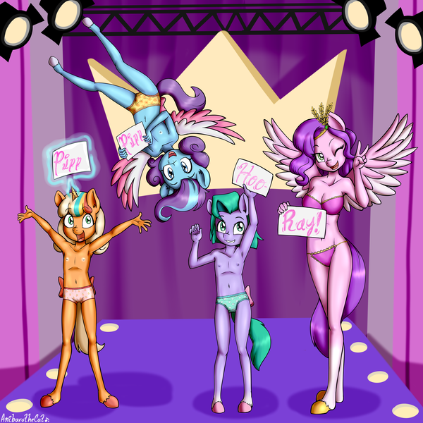 Size: 4500x4500 | Tagged: questionable, artist:anibaruthecat, banned from derpibooru, pipp petals, anthro, earth pony, pegasus, unguligrade anthro, unicorn, g5, my little pony: tell your tale, armpits, belly button, bow, boyshorts, bra, breasts, busty pipp petals, child, clothes, commission, delicious flat chest, female, frilly underwear, glory (g5), green underwear, hoof feet, image, lingerie, lolicon, magenta underwear, modeling, nipples, nudity, panties, partial nudity, peace sign, peach fizz, peach print underwear, phone, pipp pipp hooray, pippsqueak trio, png, seashell (g5), seashell print underwear, sign, stage, strapless bra, string panties, striped underwear, sun print underwear, tail bow, topless, underage, underwear, yellow underwear