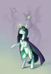 Size: 720x1033 | Tagged: safe, artist:elunian, derpibooru import, oc, unofficial characters only, ghost, pony, undead, unicorn, cape, clothes, glow, glowing eyes, glowing horn, horn, image, jpeg, looking at you, necromancer, raised hoof, raised hooves, simple background, standing on two hooves