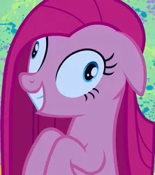 Size: 631x712 | Tagged: safe, derpibooru import, screencap, pinkie pie, earth pony, pony, party of one, season 1, abstract background, cropped, deranged, female, grin, image, insanity, mare, pinkamena diane pie, png, slasher smile, smiling, wall eyed