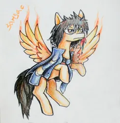 Size: 302x309 | Tagged: safe, artist:elunian, derpibooru import, oc, oc:xanxus, unofficial characters only, pegasus, angry, clothes, fiery wings, image, jacket, jpeg, looking offscreen, scowl, solo, standing on two hooves, traditional art, wings
