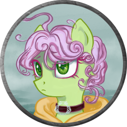 Size: 256x256 | Tagged: safe, artist:saby, derpibooru import, oc, oc:rose ribband, unofficial characters only, pony, bust, character token, choker, curly mane, derpibooru exclusive, female, green coat, green eyes, hood, image, pink mane, png, roleplay illustration, rule 63, serious, the last summer
