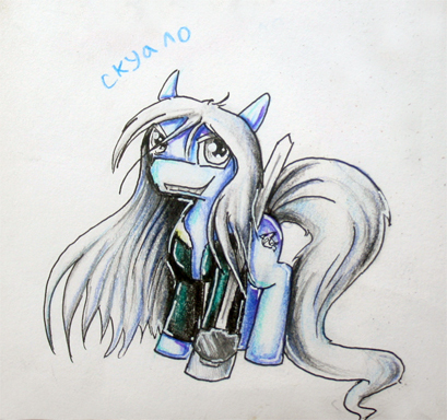 Size: 409x384 | Tagged: safe, artist:elunian, derpibooru import, oc, oc:squalo, unofficial characters only, earth pony, pony, clothes, earth pony oc, grin, image, jpeg, looking at you, simple background, smiling, solo, sword, traditional art, uniform, weapon