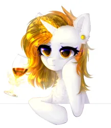 Size: 1104x1273 | Tagged: safe, artist:avrameow, derpibooru import, oc, oc:aurora shinespark, unofficial characters only, pony, unicorn, bored, ear fluff, ear piercing, earring, female, glass, horn, image, jewelry, magic, magic aura, mare, no source available, piercing, png, simple background, unicorn oc, white background, wine glass