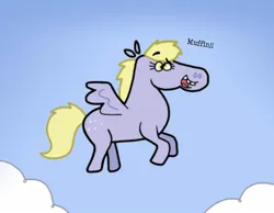 Size: 1134x878 | Tagged: safe, artist:cookie-lovey, derpibooru import, derpy hooves, pegasus, pony, female, flying, food, image, jpeg, mare, muffin, open mouth, open smile, smiling, solo, spread wings, style emulation, that pony sure does love muffins, the fairly oddparents, wings