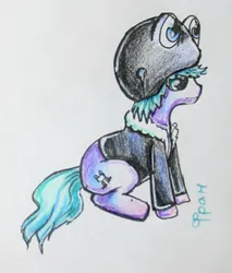 Size: 263x309 | Tagged: safe, artist:elunian, derpibooru import, oc, oc:fran, unofficial characters only, earth pony, pony, clothes, hat, image, jacket, jpeg, looking offscreen, side view, simple background, sitting, solo, traditional art