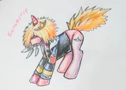 Size: 392x279 | Tagged: safe, artist:elunian, derpibooru import, oc, oc:belphegor, unofficial characters only, pony, unicorn, clothes, image, jacket, jpeg, knife, male, messy mane, simple background, solo, stallion, traditional art