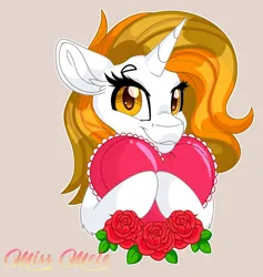 Size: 1200x1268 | Tagged: safe, artist:missbramblemele, derpibooru import, oc, oc:aurora shinespark, unofficial characters only, pony, unicorn, commission, female, flower, heart, holiday, horn, image, looking at you, mare, no source available, png, rose, signature, simple background, smiling, unicorn oc, valentine's day, ych result