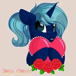 Size: 1200x1200 | Tagged: safe, artist:missbramblemele, derpibooru import, oc, oc:novus flux, unofficial characters only, pony, unicorn, female, flower, freckles, heart, holiday, horn, image, looking at you, mare, no source available, png, ponytail, rose, signature, simple background, smiling, unicorn oc, valentine's day