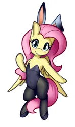 Size: 1249x2131 | Tagged: safe, artist:andelai, derpibooru import, fluttershy, pegasus, pony, semi-anthro, arm hooves, belly button, blushing, bunny suit, bunnyshy, clothes, cute, female, image, looking at you, mare, playboy bunny fluttershy, png, shyabetes, simple background, smiling, solo, white background
