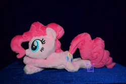 Size: 794x529 | Tagged: safe, artist:kiashone, derpibooru import, pinkie pie, earth pony, pony, female, image, irl, jpeg, lying down, mare, photo, plushie, prone, solo