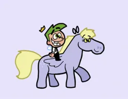 Size: 1134x878 | Tagged: safe, artist:cookie-lovey, derpibooru import, derpy hooves, pegasus, pony, 2011, big smile, cosmo, duo, duo male and female, female, grin, image, jpeg, male, mare, purple background, riding, riding a pony, simple background, smiling, style emulation, the fairly oddparents