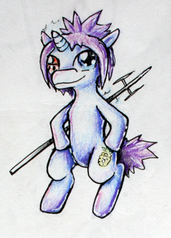 Size: 249x347 | Tagged: safe, artist:elunian, derpibooru import, oc, oc:mukuro, unofficial characters only, pony, unicorn, image, jpeg, male, simple background, solo, stallion, standing on two hooves, traditional art, weapon