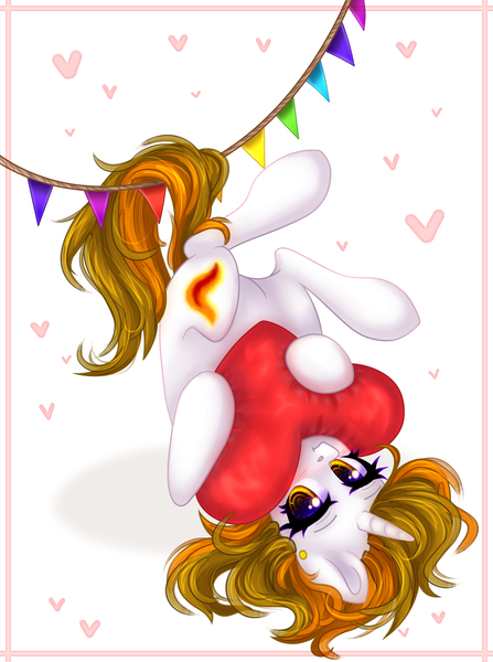 Size: 2000x2682 | Tagged: safe, artist:avrameow, derpibooru import, oc, oc:aurora shinespark, unofficial characters only, pony, unicorn, :i, blushing, cute, ear piercing, earring, female, heart, heart pillow, holiday, horn, image, jewelry, looking at you, mare, no source available, piercing, pillow, png, unicorn oc, upside down, valentine's day