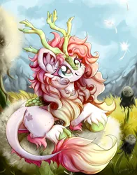 Size: 2741x3489 | Tagged: safe, artist:woonborg, derpibooru import, oc, oc:dandy lion, unofficial characters only, kirin, pony, dandelion, horns, image, kirin oc, lying down, mountain, nature, png, solo