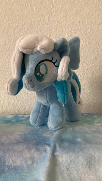 Size: 720x1280 | Tagged: safe, artist:melodisde, derpibooru import, oc, oc:snowdrop, pegasus, pony, blind, bow, commission, female, filly, foal, folded wings, happy, image, irl, jpeg, photo, plushie, smiling, solo, standing, wings