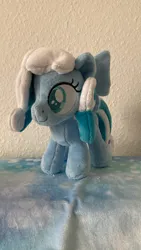 Size: 720x1280 | Tagged: safe, artist:melodisde, derpibooru import, oc, oc:snowdrop, pegasus, pony, blind, bow, commission, female, filly, foal, folded wings, happy, image, irl, jpeg, photo, plushie, smiling, solo, standing, wings