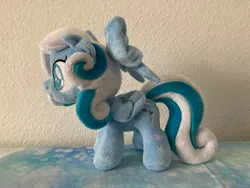 Size: 1280x960 | Tagged: safe, artist:melodisde, derpibooru import, oc, oc:snowdrop, pegasus, pony, blind, bow, commission, female, filly, foal, folded wings, happy, image, irl, jpeg, photo, plushie, smiling, solo, standing, wings