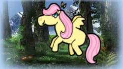 Size: 320x180 | Tagged: safe, artist:cookie-lovey, derpibooru import, fluttershy, pegasus, pony, the cutie mark chronicles, 2011, blank flank, female, filly, filly fluttershy, foal, forest, image, jpeg, looking up, smiling, so many wonders, solo, style emulation, the fairly oddparents, tree, younger