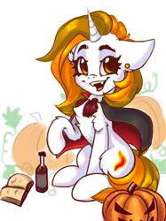 Size: 1528x2048 | Tagged: safe, artist:falafeljake, derpibooru import, oc, oc:aurora shinespark, unofficial characters only, unicorn, book, bottle, chest fluff, ear piercing, earring, fangs, halloween, happy, holiday, horn, image, jack-o-lantern, jewelry, jpeg, looking at you, no source available, piercing, pumpkin, unicorn oc, vampire costume