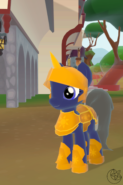 Size: 400x600 | Tagged: safe, artist:moon flower, derpibooru import, screencap, oc, oc:moon flower, unofficial characters only, pony, friendship is magic, 2017, 3d, ambiguous gender, armor, barding, blue body, blue eyes, blue fur, boots, building, clothes, croupiere, day, digital art, equine, flanchard, fur, golden armour (legends of equestria), grass, grey hair, hair, hasbro, hat, helmet, hill, hooves, horn, horned helmet, image, legends of equestria, legwear, logo, mammal, my little pony, outdoors, peytral, plate armor, png, scenery, shoes, sky, solo, solo ambiguous, standing, sun, tail, three-quarter view, tree, video game