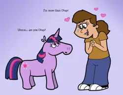 Size: 1134x878 | Tagged: safe, artist:cookie-lovey, derpibooru import, twilight sparkle, human, pony, unicorn, author insert, clothes, crying, denim, dialogue, duo, duo female, female, floating heart, hands together, heart, height difference, image, jeans, jpeg, looking at each other, looking at someone, mare, pants, purple background, shirt, shoes, simple background, sneakers, style emulation, talking to viewer, tears of joy, the fairly oddparents, unicorn twilight