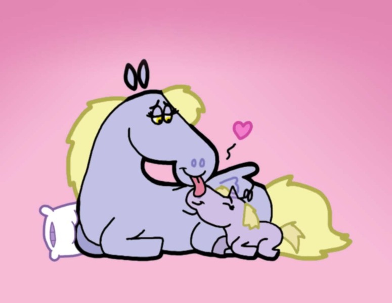 Size: 1134x878 | Tagged: safe, artist:cookie-lovey, derpibooru import, derpy hooves, dinky hooves, pegasus, pony, unicorn, 2011, blank flank, cute, daaaaaaaaaaaw, duo, duo female, equestria's best mother, female, filly, foal, heart, horses doing horse things, image, jpeg, licking, mare, mother and child, mother and daughter, pillow, pink background, simple background, smiling, style emulation, the fairly oddparents, tongue out