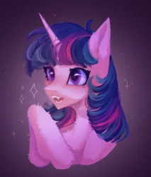 Size: 856x1004 | Tagged: safe, artist:munamunaa, derpibooru import, twilight sparkle, pony, unicorn, bust, female, hooves together, image, mare, png, portrait, sharp teeth, simple background, solo, sparkles, teeth, unicorn twilight