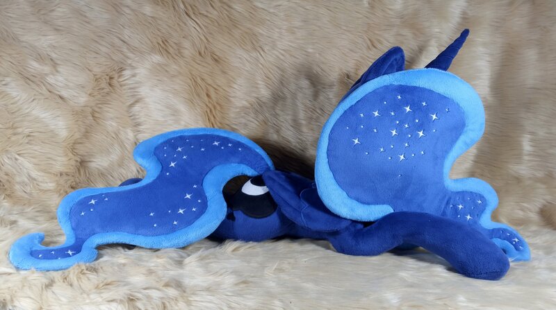 Size: 4096x2289 | Tagged: safe, artist:doctorkoda, derpibooru import, princess luna, alicorn, pony, commission, female, folded wings, horn, image, irl, jpeg, lying down, mare, peytral, photo, plushie, prone, solo, wings