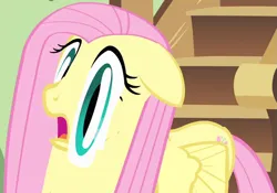 Size: 935x656 | Tagged: safe, derpibooru import, screencap, fluttershy, pegasus, pony, a bird in the hoof, season 1, animation error, close-up, cropped, faic, female, floppy ears, fluttershy's cottage, frown, funny, great moments in animation, hallway, image, mare, open mouth, picture frame, png, quality, smear frame, solo, stairs, wat, wide eyes