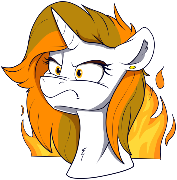 Size: 1071x1092 | Tagged: safe, artist:rutkotka, derpibooru import, oc, oc:aurora shinespark, unofficial characters only, pony, unicorn, :c, >:c, angry, ear piercing, earring, female, fire, frown, furious, glare, horn, image, jewelry, mare, no source available, piercing, png, simple background, transparent background, unicorn oc