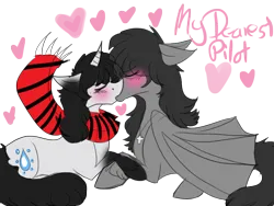 Size: 800x600 | Tagged: safe, artist:dokuyuu, derpibooru import, oc, unofficial characters only, bat pony, unicorn, bat pony oc, bat wings, blushing, clothes, colored, couple, duo, eyes closed, flat colors, holding hooves, horn, image, kissing, png, scarf, simple background, text, transparent background, unicorn oc, wings