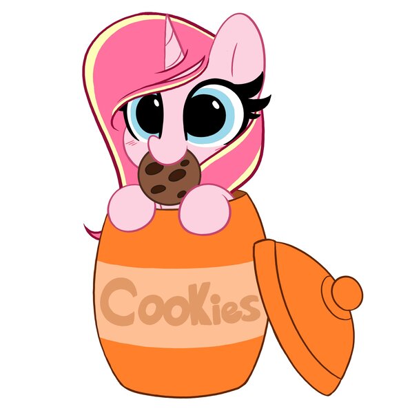 Size: 2036x2099 | Tagged: safe, artist:kittyrosie, derpibooru import, oc, oc:rosa flame, pony, unicorn, blushing, cookie, cookie jar, food, image, jpeg, mouth hold, simple background, white background