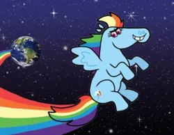 Size: 1134x878 | Tagged: safe, artist:cookie-lovey, derpibooru import, rainbow dash, pegasus, pony, 2011, earth, faic, female, flying, grin, image, jpeg, mare, rainbow, smiling, smug, smugdash, solo, space, spread wings, style emulation, the fairly oddparents, wind, windswept mane, wings