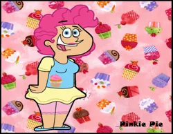 Size: 1134x878 | Tagged: safe, artist:cookie-lovey, derpibooru import, pinkie pie, human, 2011, clothes, cupcake, female, food, humanized, image, jpeg, leggings, looking at you, name, open mouth, open smile, pink background, sandals, shirt, simple background, skirt, smiling, smiling at you, solo, style emulation, the fairly oddparents