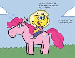 Size: 1134x878 | Tagged: safe, artist:cookie-lovey, derpibooru import, pinkie pie, earth pony, pony, 2011, child, crossover, dialogue, duo, duo female, female, frown, greta wolfcastle, humans riding ponies, image, jpeg, nervous sweat, offscreen character, open mouth, open smile, riding, smiling, style emulation, the fairly oddparents, the simpsons, this will end in pain