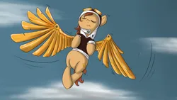 Size: 500x281 | Tagged: safe, artist:geneticanomaly, derpibooru import, oc, oc:copper wings, unofficial characters only, pegasus, ask-twi, augmented wings, clothes, fanart, flying, goggles, image, jacket, jpeg, solo