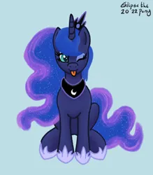 Size: 574x654 | Tagged: safe, artist:eklipsethepony, derpibooru import, princess luna, alicorn, pony, :p, blue background, image, jewelry, one eye closed, png, silly, silly pony, simple background, sitting, solo, tiara, tongue out, wink