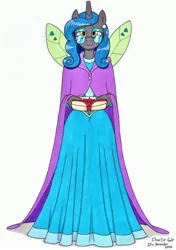 Size: 2461x3491 | Tagged: safe, artist:killerteddybear94, derpibooru import, queen chrysalis, anthro, changeling, changeling queen, cloak, clothes, dress, ear piercing, earring, female, glasses, image, jewelry, jpeg, looking at you, mirror universe, piercing, present, reversalis, smiling, solo, traditional art