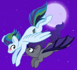 Size: 697x632 | Tagged: safe, artist:pastelnightyt, derpibooru import, oc, oc:midnight lullaby, oc:rainbow storm, bat pony, pegasus, pony, female, flying, image, male, mare, night, offspring, parent:rainbow dash, parent:soarin', parents:soarindash, png, stallion