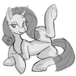 Size: 800x800 | Tagged: suggestive, artist:jovalic, derpibooru import, rarity, pony, unicorn, crossed hooves, image, jpeg, leg in air, lidded eyes, open mouth, seductive pose, smiling, solo