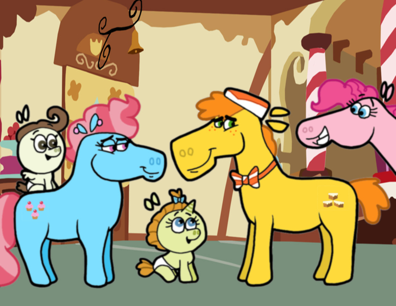 Size: 1134x878 | Tagged: safe, artist:cookie-lovey, derpibooru import, carrot cake, cup cake, pinkie pie, pound cake, pumpkin cake, earth pony, pegasus, pony, unicorn, 2012, baby, baby pony, bow, bowtie, cake twins, cap, carrot cup, colt, family, female, filly, foal, grin, hair bow, hat, image, jpeg, lidded eyes, male, mare, offscreen character, ponies riding ponies, pound cake riding cup cake, riding, shipping, siblings, smiling, stallion, straight, style emulation, sugarcube corner, the fairly oddparents, twins