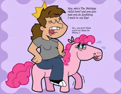 Size: 1134x878 | Tagged: safe, artist:cookie-lovey, derpibooru import, pinkie pie, earth pony, human, pony, 2012, artist insert, birthday, crown, dialogue, duo, duo female, eyes closed, female, grin, heavy, humans riding ponies, image, jewelry, jpeg, lidded eyes, missing cutie mark, nervous, nervous grin, open mouth, open smile, purple background, regalia, riding, simple background, smiling, style emulation, sweat, the fairly oddparents, wobbling